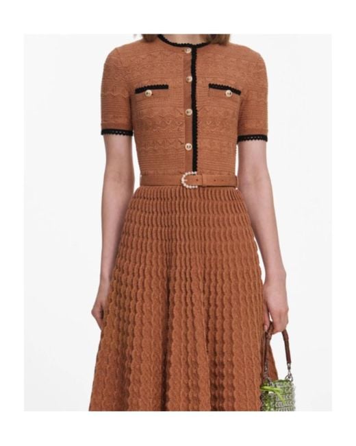 Self-Portrait Brown Belted Crochet-Knit Midi Dress