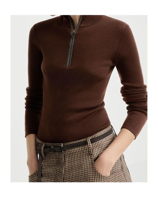 Brunello Cucinelli Brown Virgin Wool And Cashmere Lightweight Ribbed Turtleneck Sweater With Precious Half-Zip