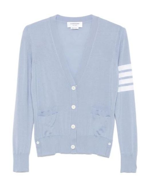 Thom Browne Blue 4-Bar V-Neck Knitted Cardigan
