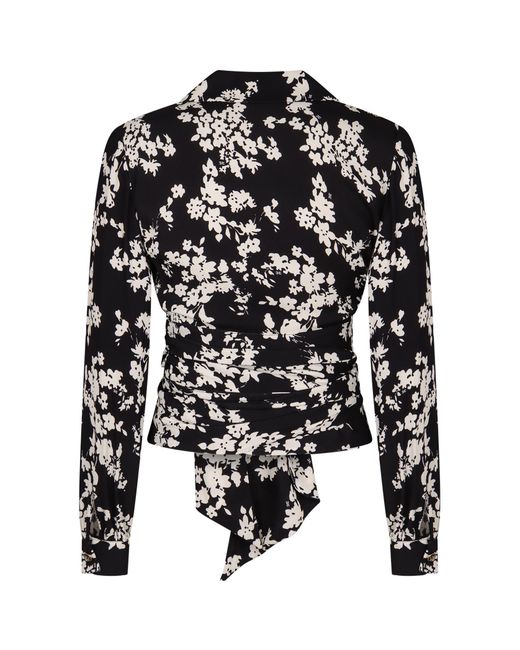 Elisabetta Franchi Black Georgette Blouse With Floral Pattern And Waist Sash