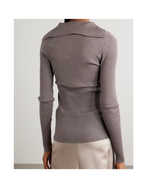 Brunello Cucinelli Brown Ribbed Metallic Cashmere And Silk-Blend Top
