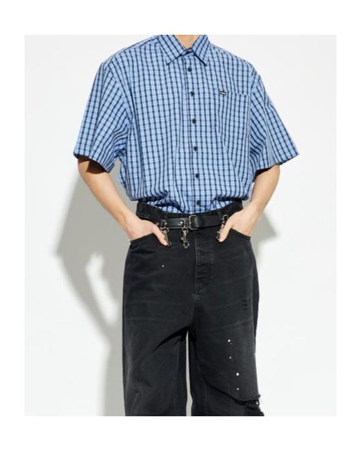 Vetements Blue Logo Patch Checked Short-Sleeve Shirt for men