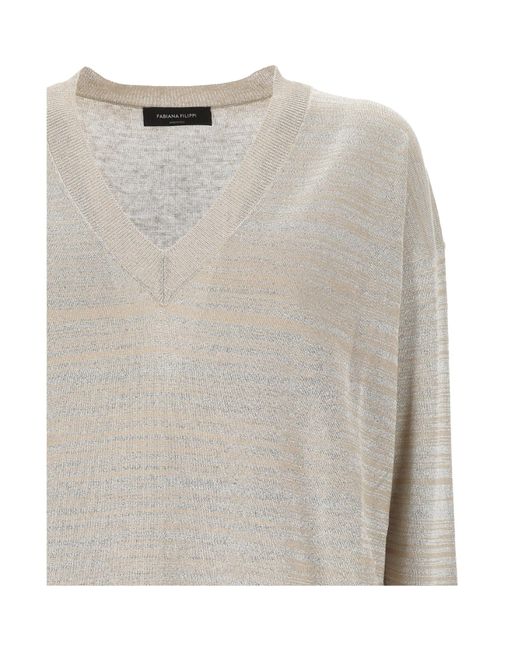 Fabiana Filippi White V-Neck Metallic-Threading Jumper