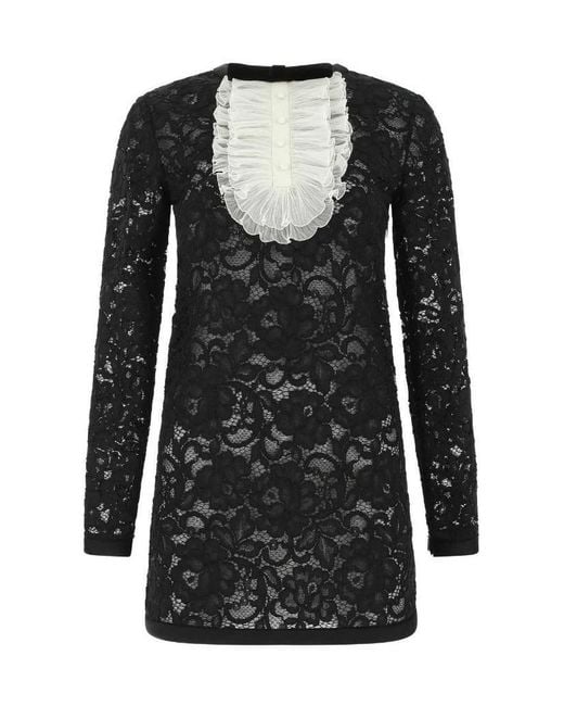 Saint Laurent Women's Black Frill Detail Lace Dress