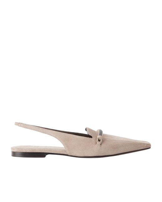 Brunello Cucinelli White Suede Pointed-Toe Slingback Flats