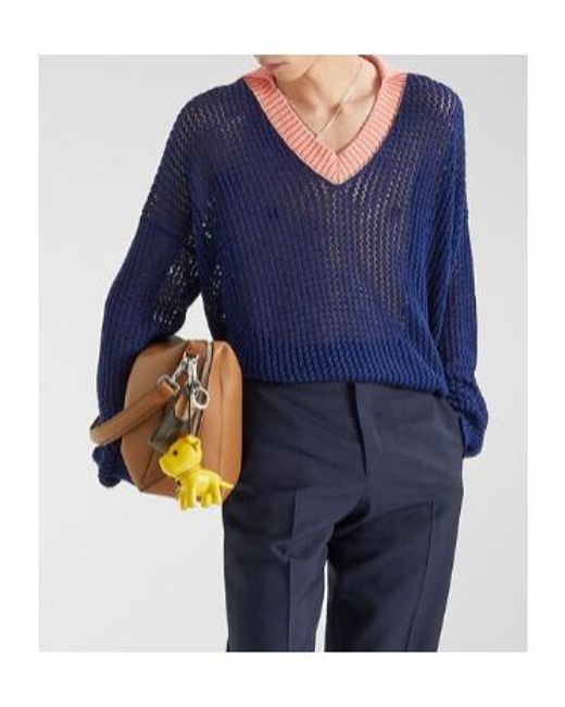 Fendi Blue Contrast V-Neck Ribbed-Knit Polo Top for men