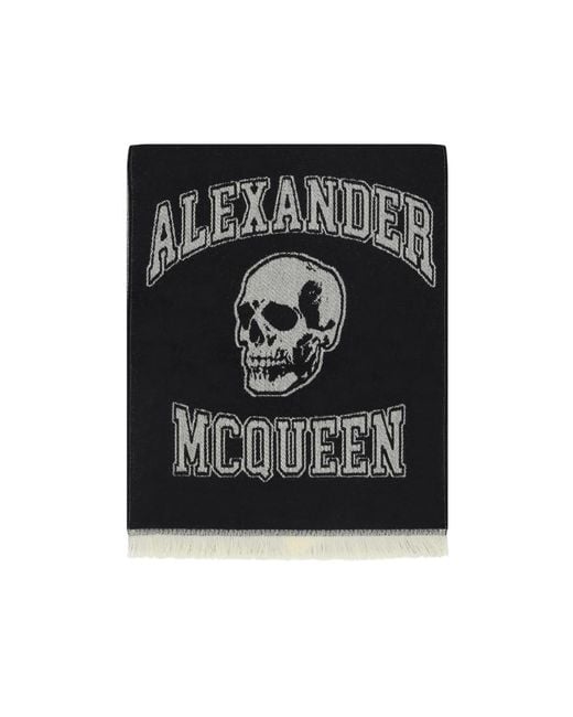 McQueen White Logo Intarsia Knitted Fringed Scarf for men