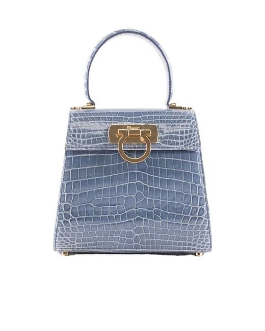 Ferragamo Blue Buckle Alligator Handbag