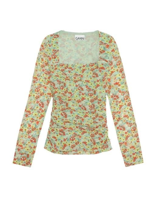 Ganni Green Floral Printed Square Neck Top