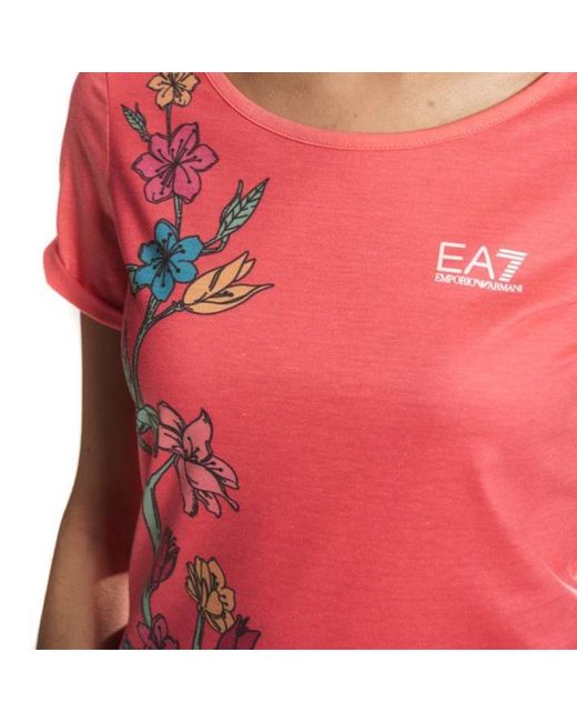 EA7 Pink Floral Pattern Round Collar Short-Sleeved T-Shirt