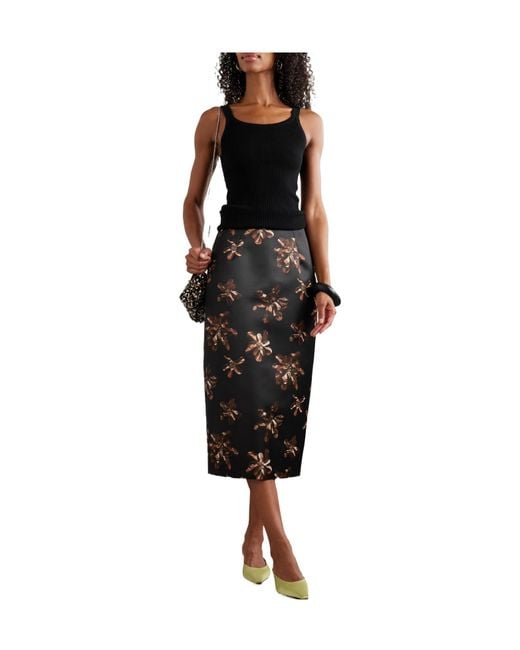 Emilia Wickstead Black Floral-Print Satin Midi Skirt