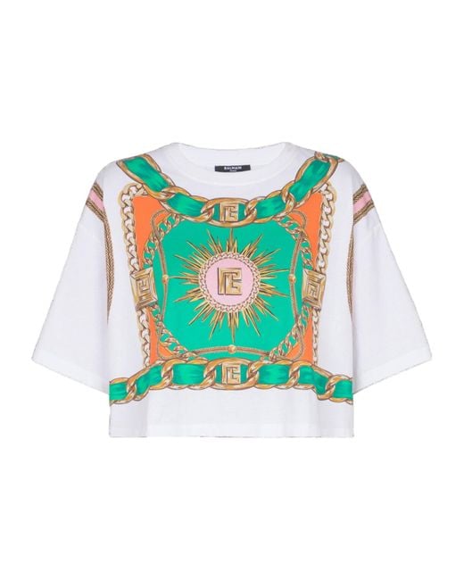 Balmain White Foulard Printed Cropped T-Shirt