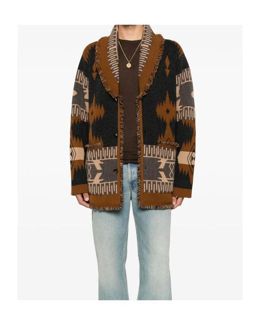 Alanui Brown Jacquard-Knit Fringed Cardigan for men