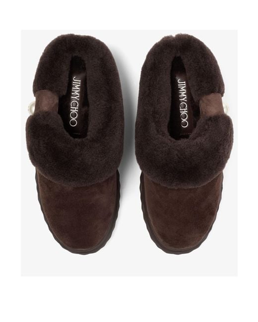 Jimmy Choo Brown Diamond Maxi Suede-Shearling Mules