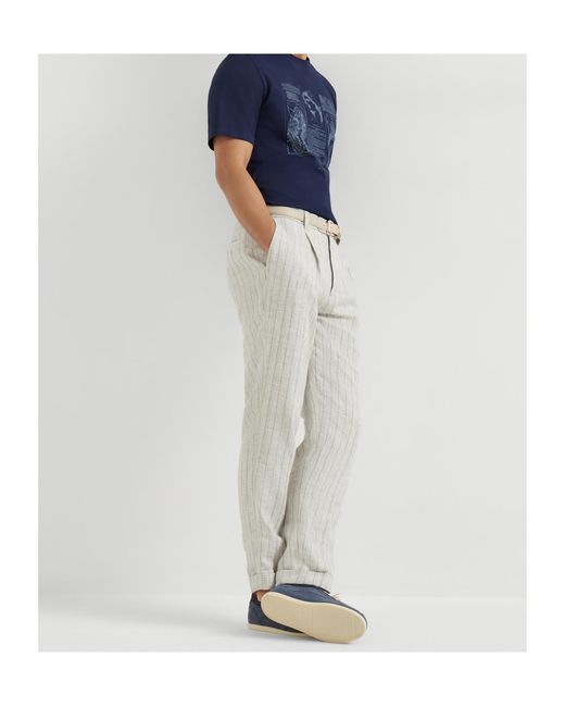 Brunello Cucinelli Gray Striped Pleated Trousers for men