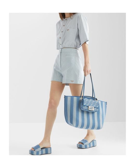 Fendi Blue Roll Striped Reversible Large Tote Bag