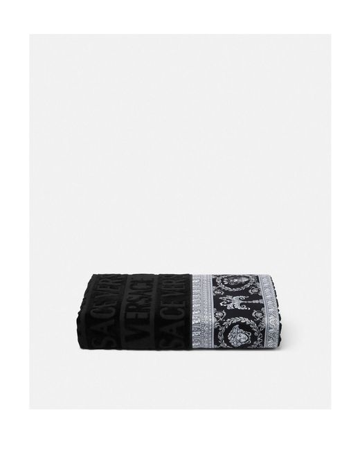 Versace Black Barocco-Print Cotton Bath Towel for men