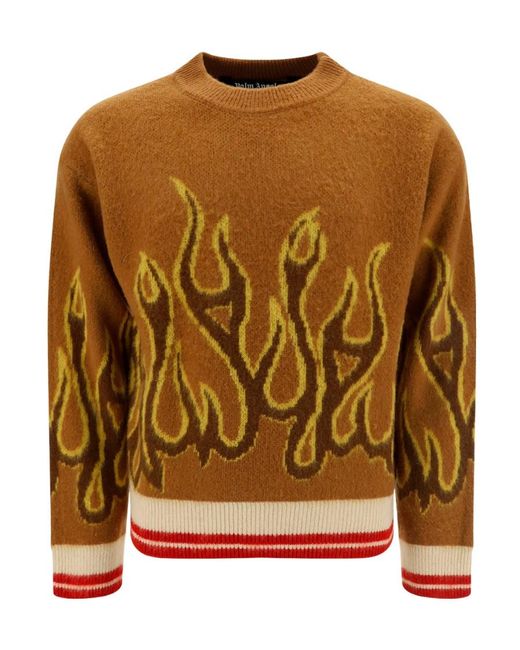 Palm Angels Brown Flame Pattern Knitted Wool Sweater for men