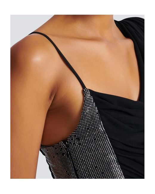Balmain Black Draped Asymmetrical Two-Material Dress