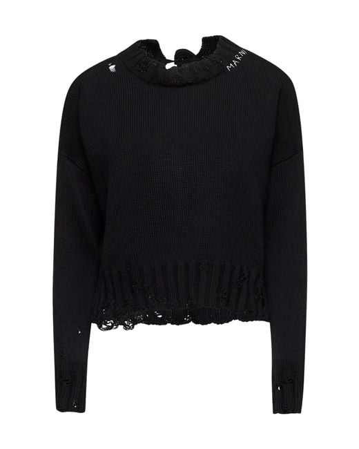Marni Black Distressed Knitted Slef-Tied Crewneck Jumper