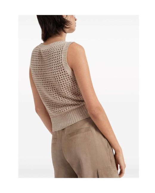 Brunello Cucinelli Natural Sequin Embellished Open Knitted Vest