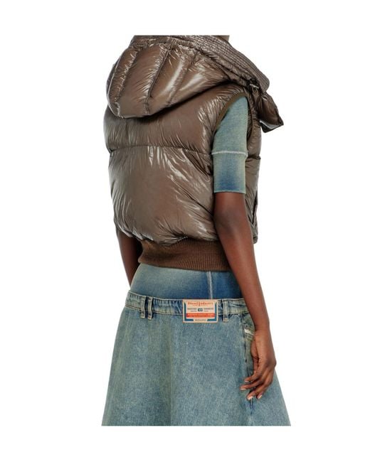 DIESEL Brown Padded Down Vest With Removable Hood, Extra-High Quilted Collar, Ribbed Hem & D-Logo Patch (Size 49)