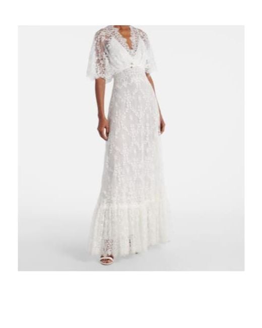 Elie Saab White Embroidered Cotton-Blend Lace Gown