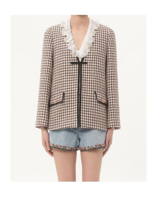 Valentino Natural Houndstooth V-Neck Tweed Jacket