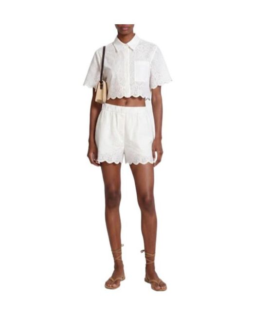 MSGM White Cropped Eyelet Lace Shirt