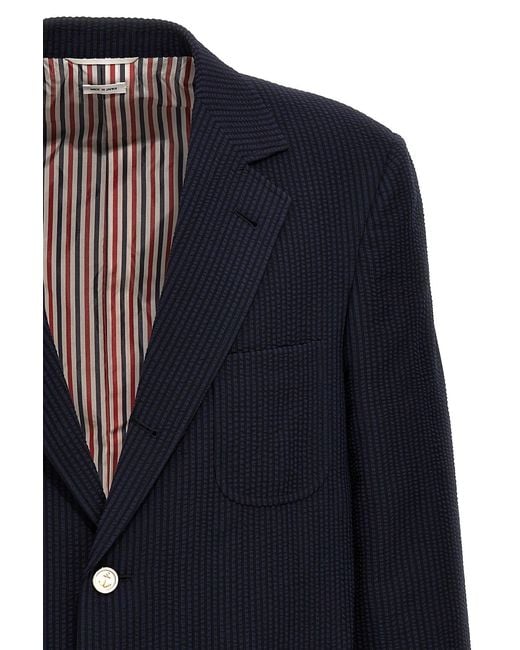 Thom Browne Blue Single Breasted Seersucker Blazer for men