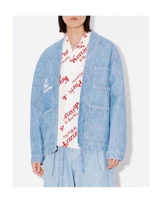 KENZO Blue Logo Embroidered Belted Kimono Jacket for men