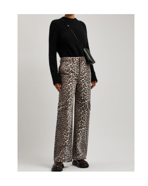 Ganni Gray Leopard-Print Straight-Leg Cargo Jeans