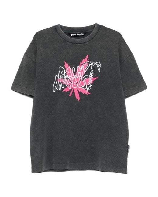 Palm Angels Gray Logo-Print Faded-Effect T-Shirt for men