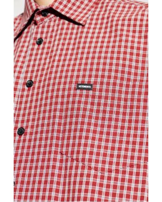 Vetements Red Logo Patch Checked Short-Sleeve Shirt for men