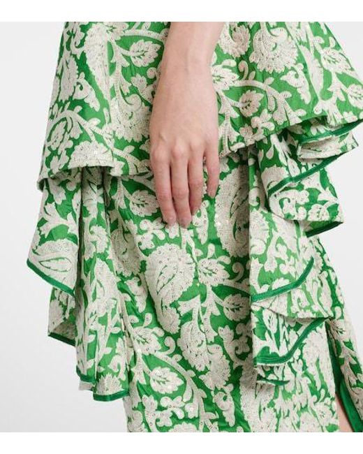 Johanna Ortiz Green Draped Paisley Midi Dress