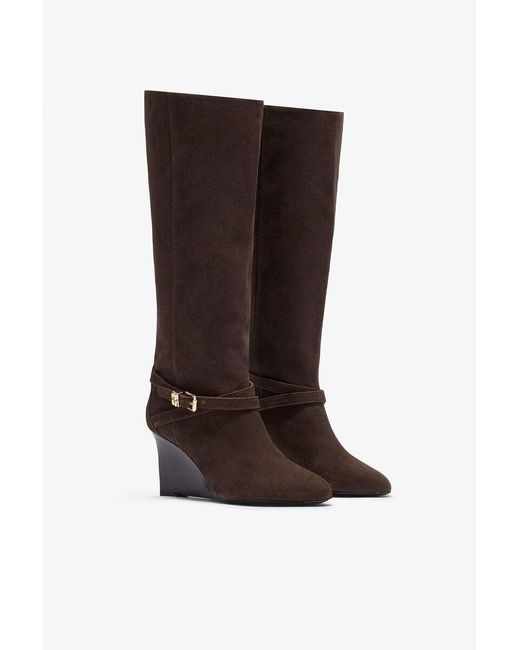 Ganni Brown Wedge Strap Knee-High Boots