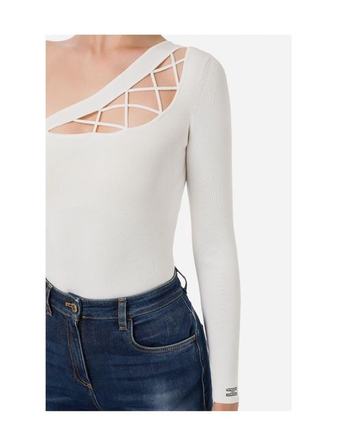 Elisabetta Franchi White One-Shoulder Crossover Detailed Top