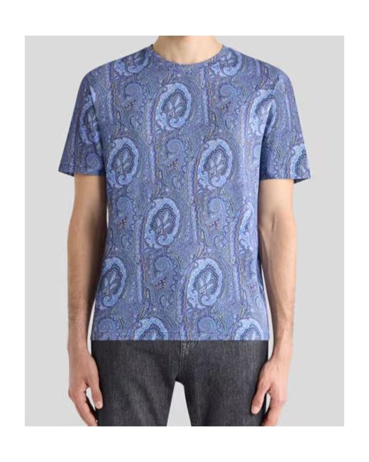 Etro Blue Floral Paisley Motif Crewneck T-Shirt for men