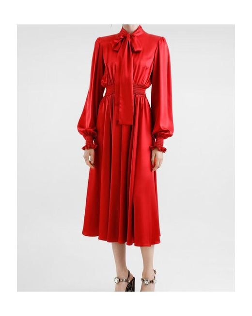 Dolce & Gabbana Red Silk Satin Shirt Dress With Pussy-Bow