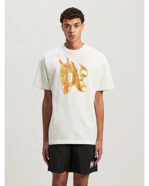 Palm Angels White Monogram Printed Crewneck T-Shirt for men