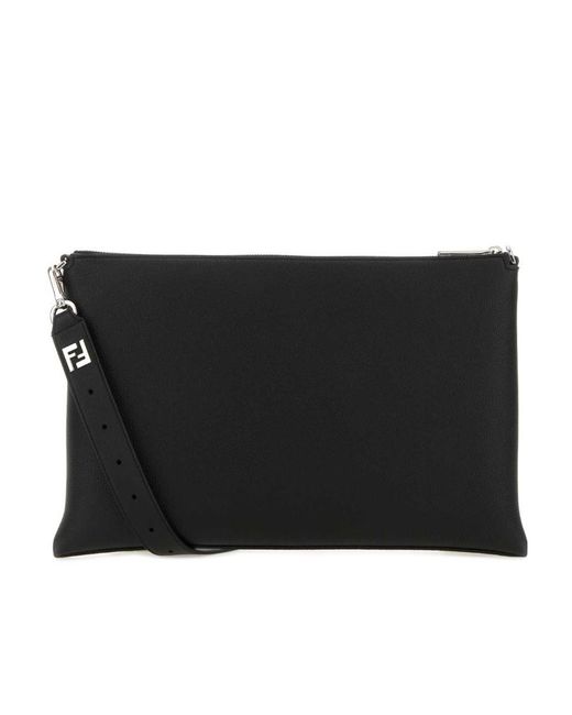 Fendi Black Logo Detailed Zipped Clutch Bag for men