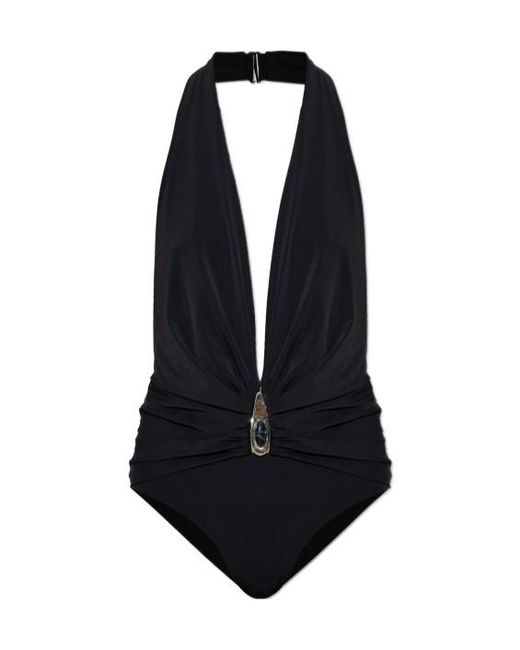 Christopher Esber Blue Stone-Embellished Ruched Swimsuit