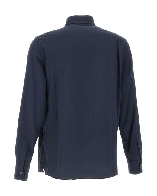 Aspesi Blue Long-Sleeved Curved Hem Shirt for men