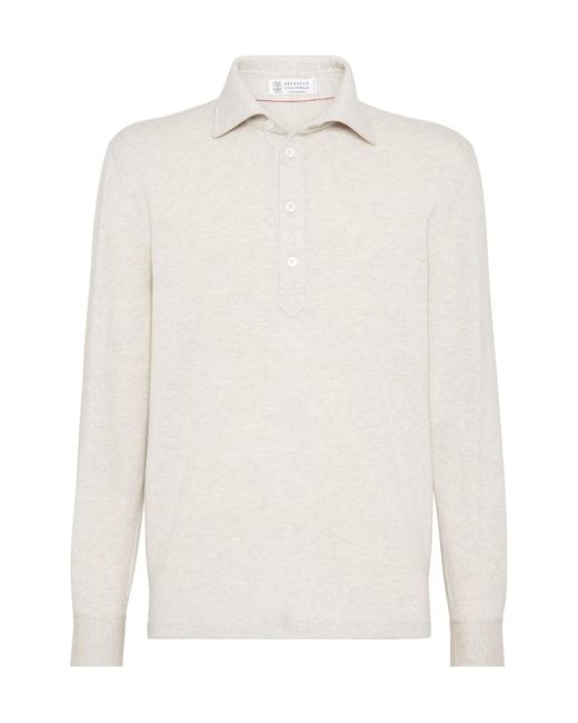 Brunello Cucinelli White Cashmere Polo Shirt for men