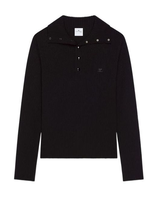 Courreges Black Ribbed-Knit Polo Sweater for men