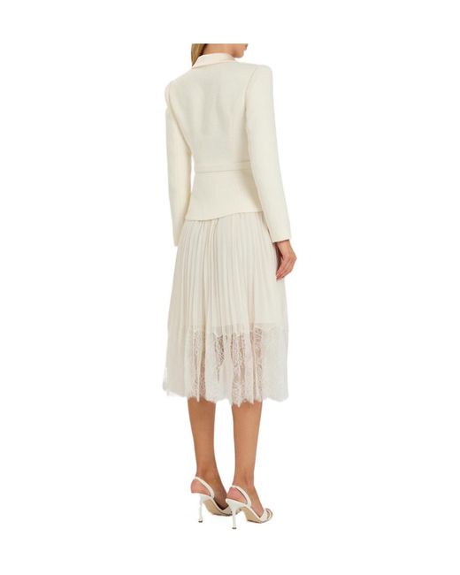 Self-Portrait White Tailored Belted Bouclé And Chiffon Midi Dress
