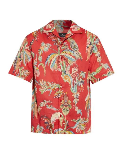 Etro Red Paisley Print Short Sleeve Shirt for men