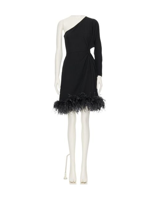 Valentino Black One-Shoulder Feather-Trim Dress