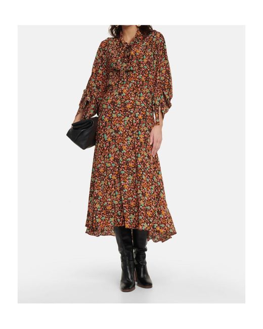 Victoria Beckham Brown Floral Silk Midi Dress With Tie-Neck