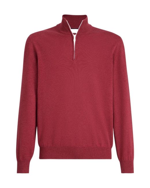 Brunello Cucinelli Red Half-Zip Cashmere Sweater for men